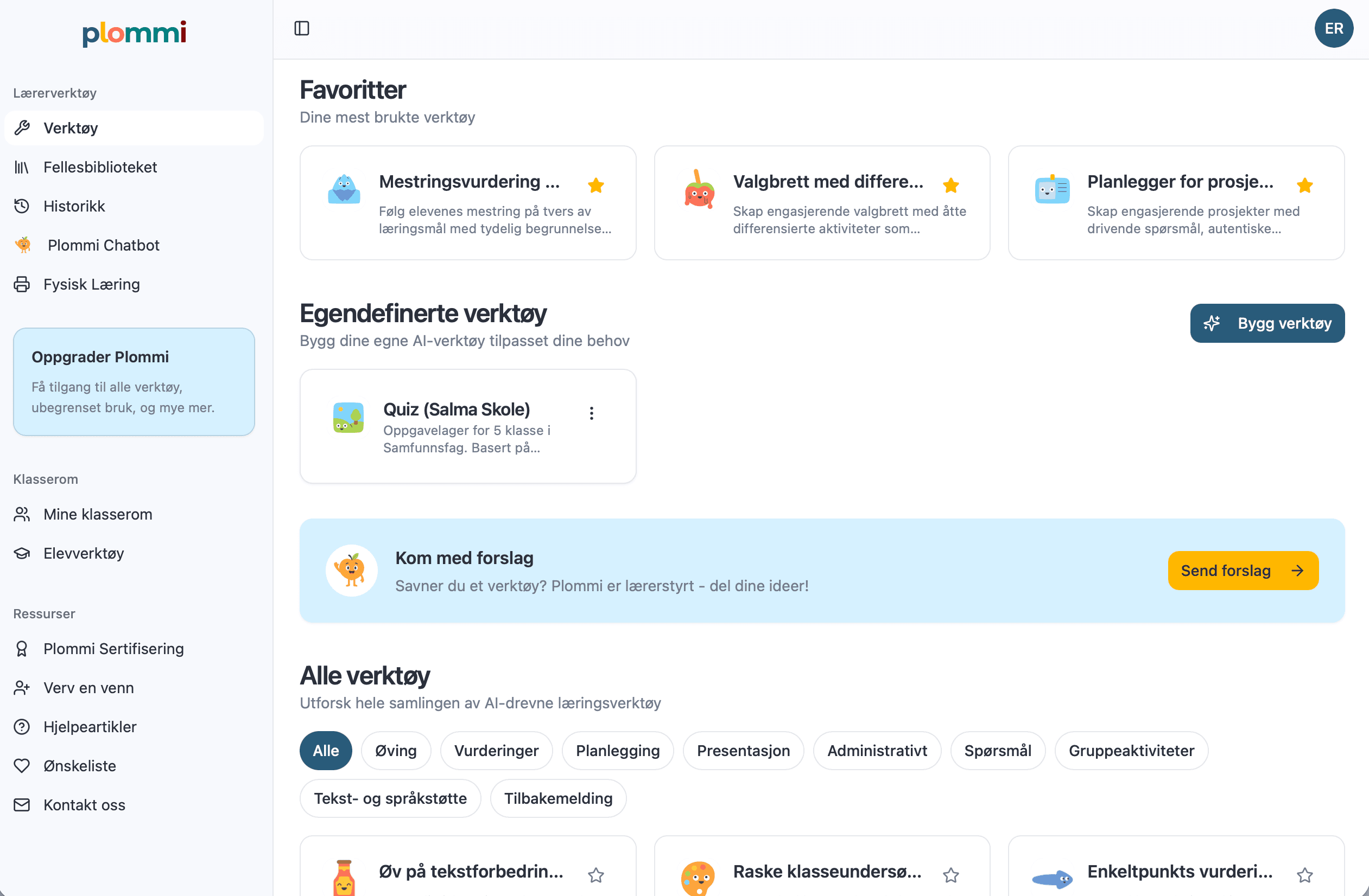 Plommi verktøy oversikt - Over 100 lærerklare KI-verktøy